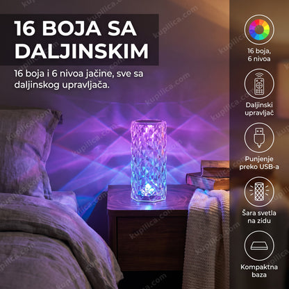 kristal lampa rgb 16 boja na noćnom stočiću u spavaćoj sobi uveče, benefiti proizvoda
