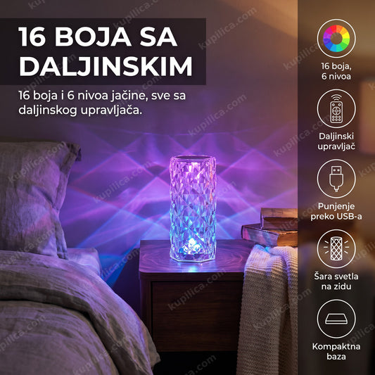 kristal lampa rgb 16 boja na noćnom stočiću u spavaćoj sobi uveče, benefiti proizvoda