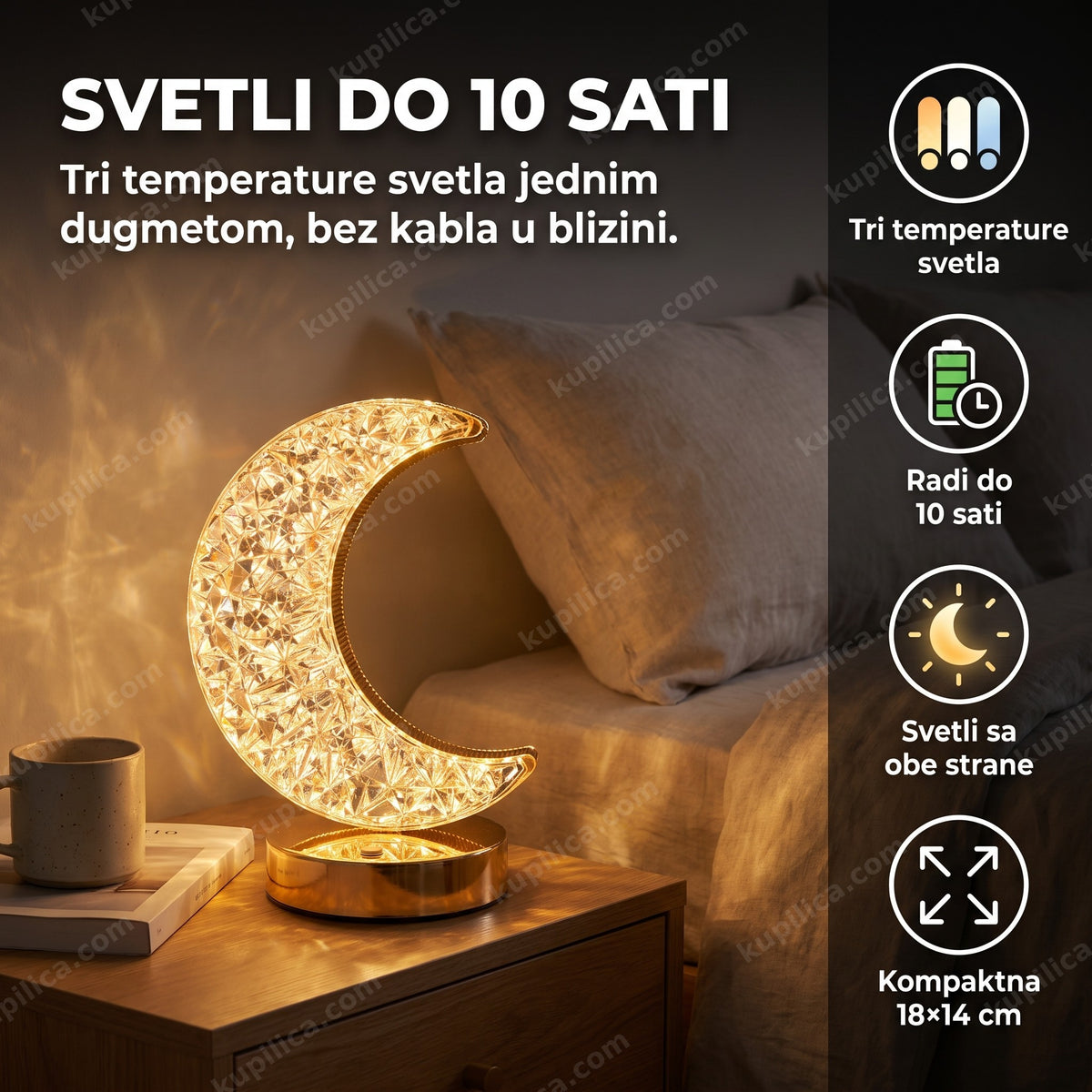 kristalna lampa u obliku polumeseca sa toplim svetlom na noćnom stočiću, benefiti proizvoda