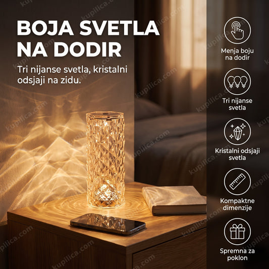 kristalna led lampa na noćnom stočiću sa toplim svetlom, kristalni odsjaji na zidu, benefiti proizvoda