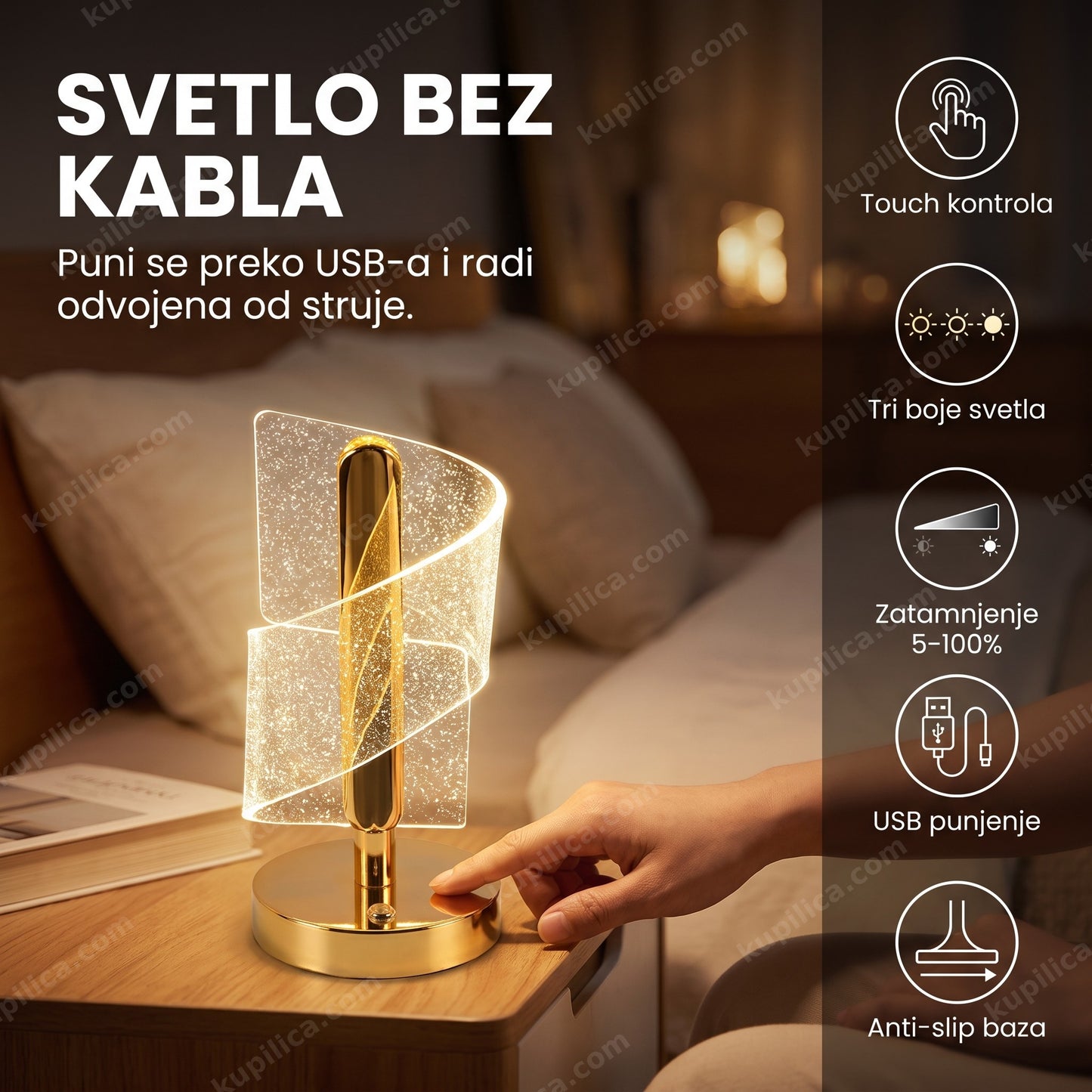 kristalna stona lampa touch — osoba dodiruje bazu kristalne lampe da zatamni svetlo na noćnom stočiću