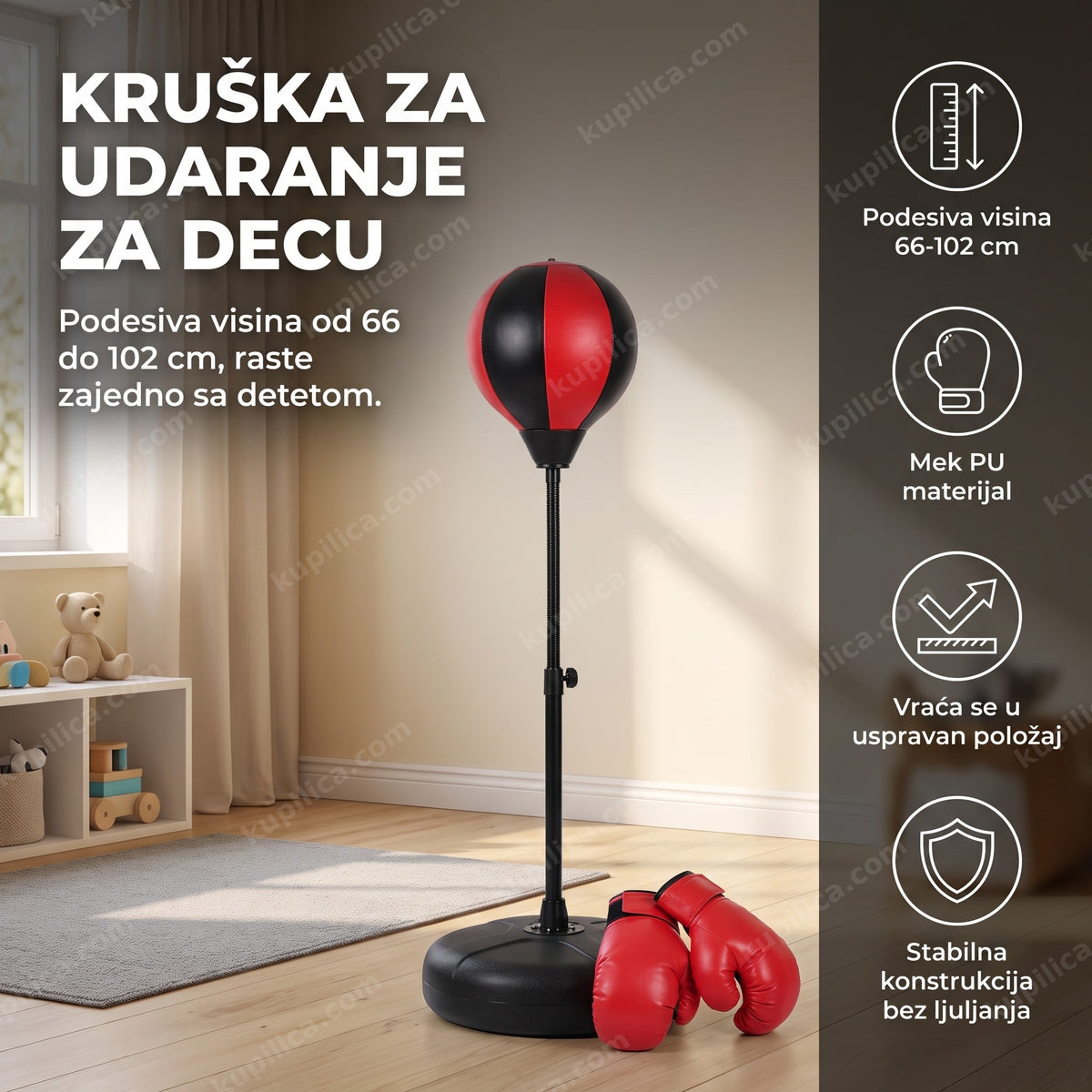 kruška za udaranje za decu u praznoj dečijoj sobi, rukavice okačene pored, benefiti proizvoda
