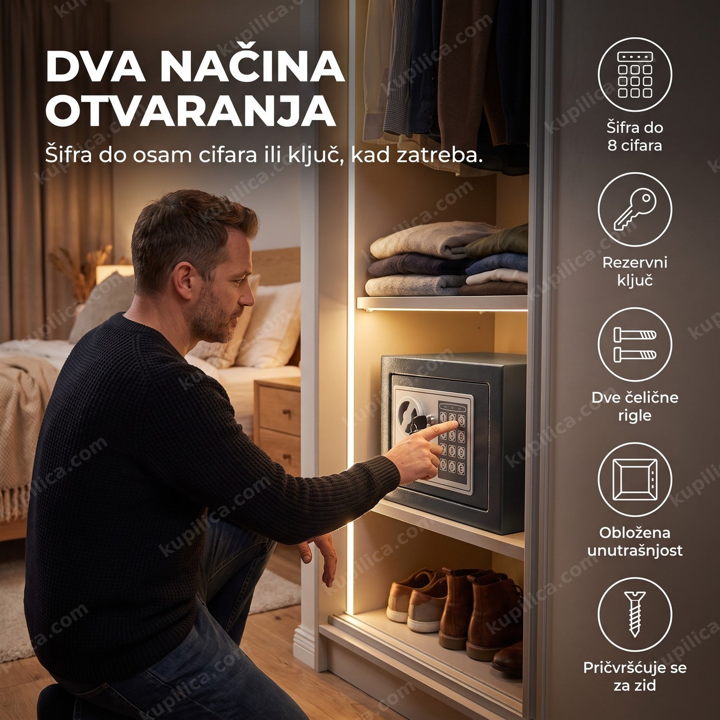 kućni sef sa šifrom i ključem — osoba otvara metalni sef unosom šifre na tastaturi u spavaćoj sobi
