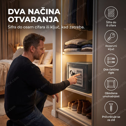 kućni sef sa šifrom i ključem — osoba otvara metalni sef unosom šifre na tastaturi u spavaćoj sobi