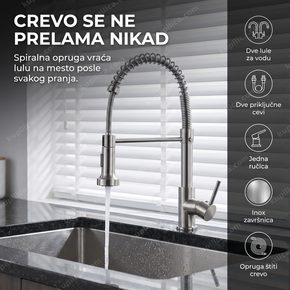 kuhinjska slavina sa oprugom inox i pokretnom tušlulom iznad sudopere