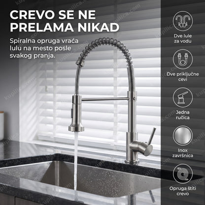 kuhinjska slavina sa oprugom inox i pokretnom tušlulom iznad sudopere