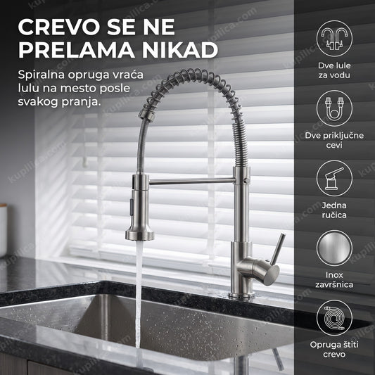 kuhinjska slavina sa oprugom inox i pokretnom tušlulom iznad sudopere