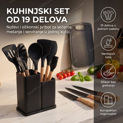 kuhinjski set od 19 delova sa noževima i silikonskim priborom na kuhinjskom pultu, benefiti proizvoda