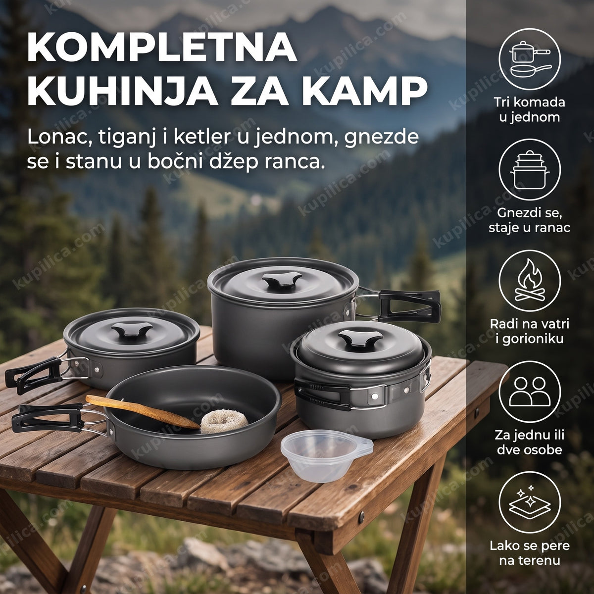 sklopljeni kuhinjski set za kampovanje sa priborom na kamp stolu, benefiti proizvoda