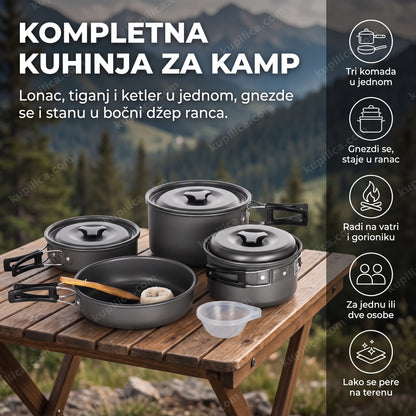sklopljeni kuhinjski set za kampovanje sa priborom na kamp stolu, benefiti proizvoda
