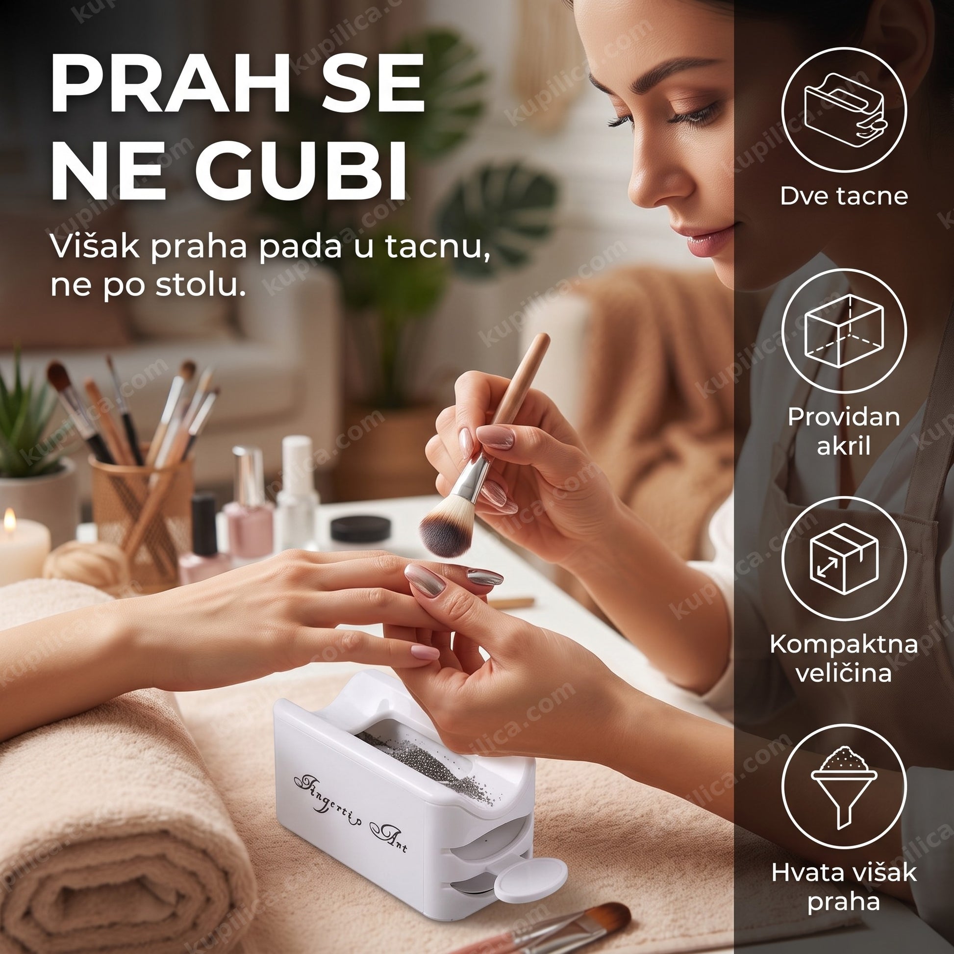 kutija za reciklažu praha za nokte — manikirka radi hrom pigment iznad akrilne kutije sa dve tacne