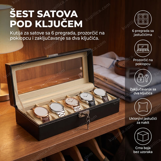 crna kutija za satove sa 6 pregrada i ključem za zaključavanje u muškoj garderobi, benefiti proizvoda