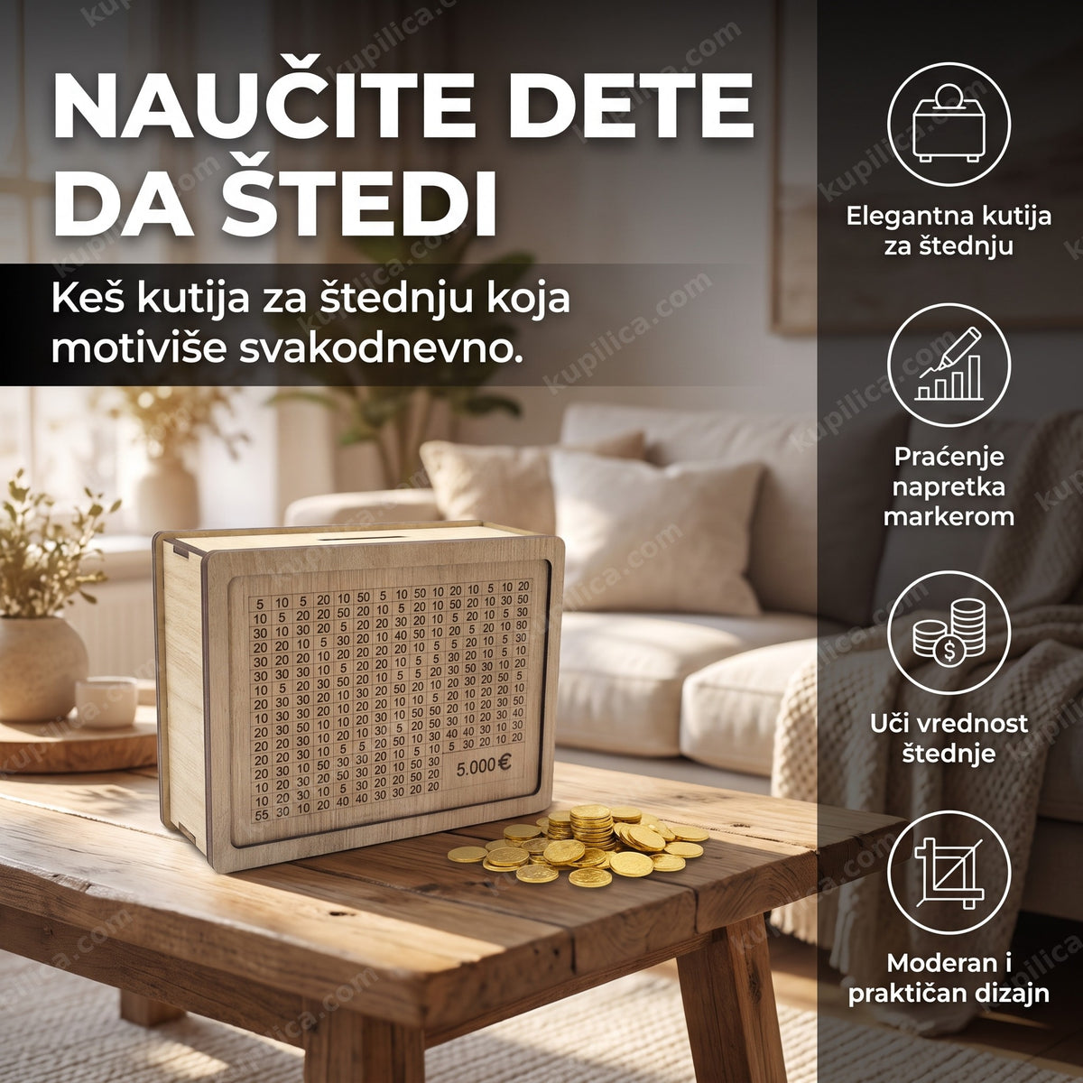 drvena kutija za štednju sa kovanicama na stolu, benefiti proizvoda