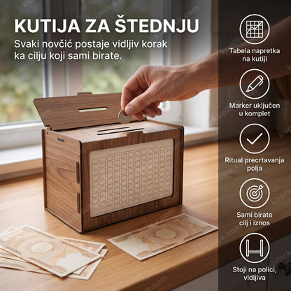 drvena kutija za štednju sa praznom tabelom ciljeva na stolu, benefiti proizvoda