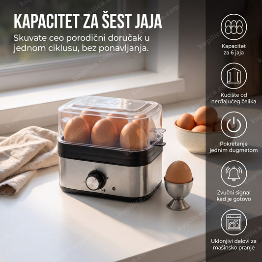 kuvalo za jaja za 6 jaja sa providnim poklopcem na kuhinjskom stolu