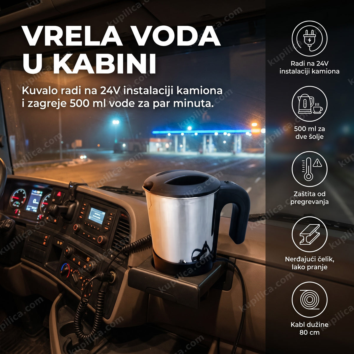 kuvalo za vodu na 24v instalaciji u kabini kamiona noću na odmorištu, benefiti proizvoda
