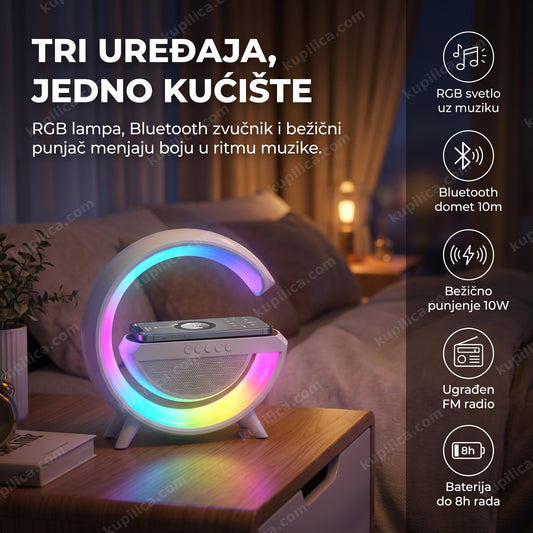lampa bluetooth zvučnik i bežični punjač 3u1 — na noćnom stočiću uveče dok se telefon puni bežično, benefiti proizvoda