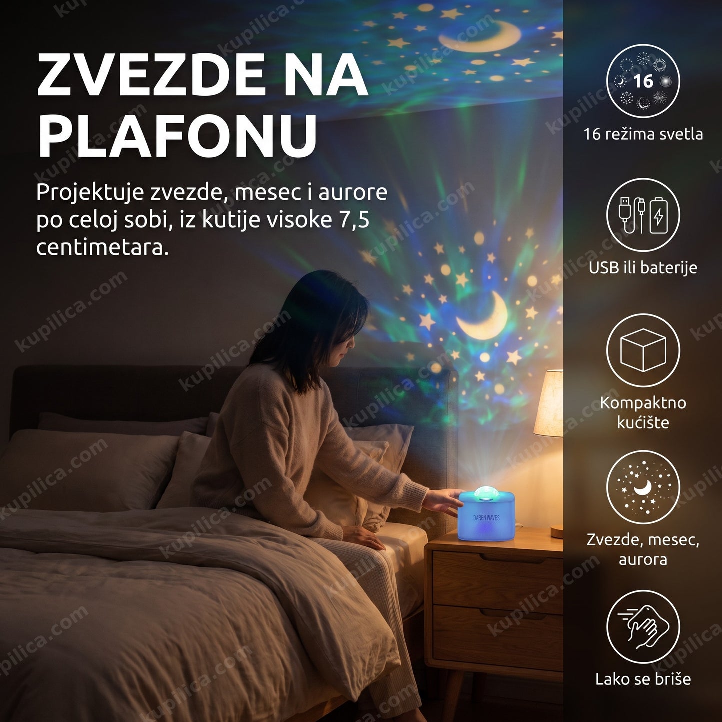 Noćna lampa projektor zvezdanog neba sa 16 režima svetla, USB ili baterije