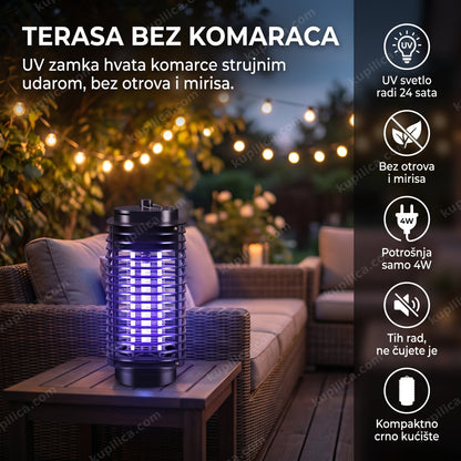 lampa protiv komaraca uključena na terasi uveče sa prikazanim benefitima proizvoda