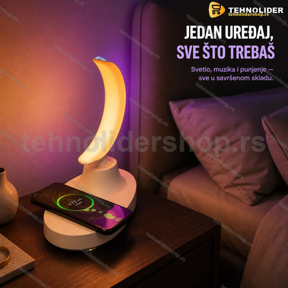 lampa sa bluetooth zvučnikom i bežičnim punjačem — beli luk na ovalnom postolju