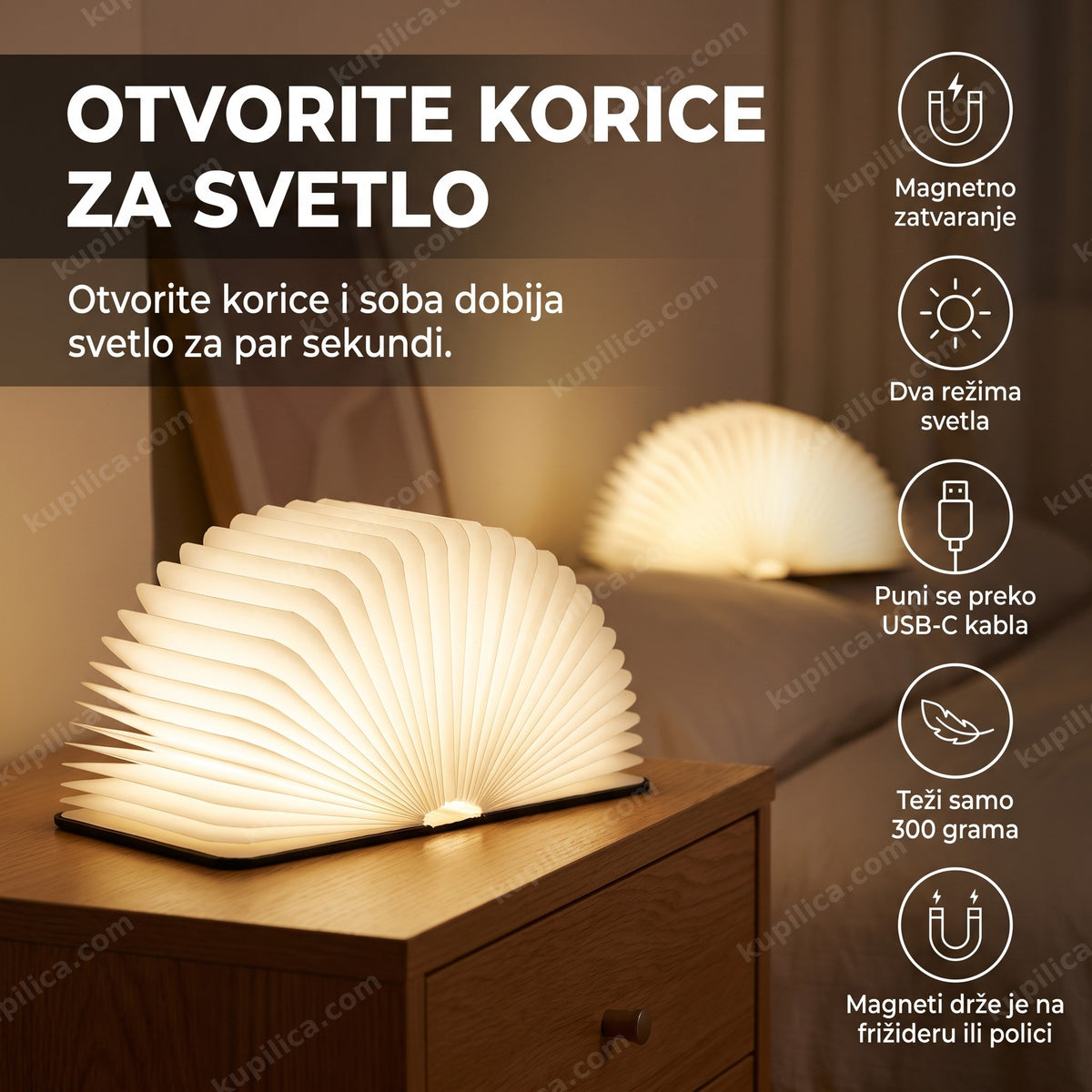 lampa u obliku knjige otvorenih korica sija toplim svetlom na komodi, benefiti proizvoda