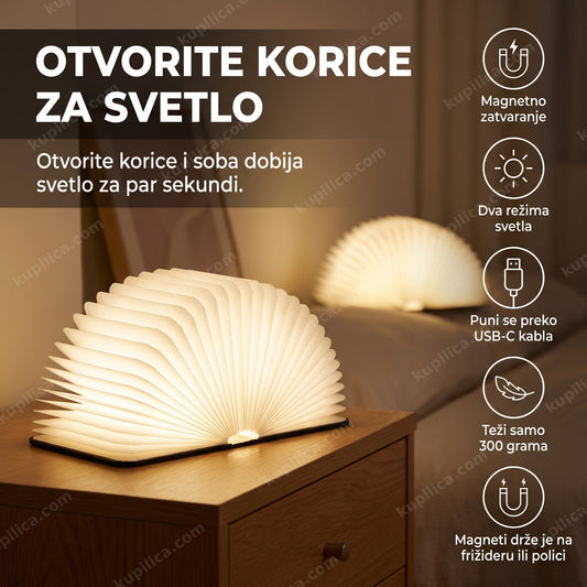 lampa u obliku knjige otvorenih korica sija toplim svetlom na komodi, benefiti proizvoda