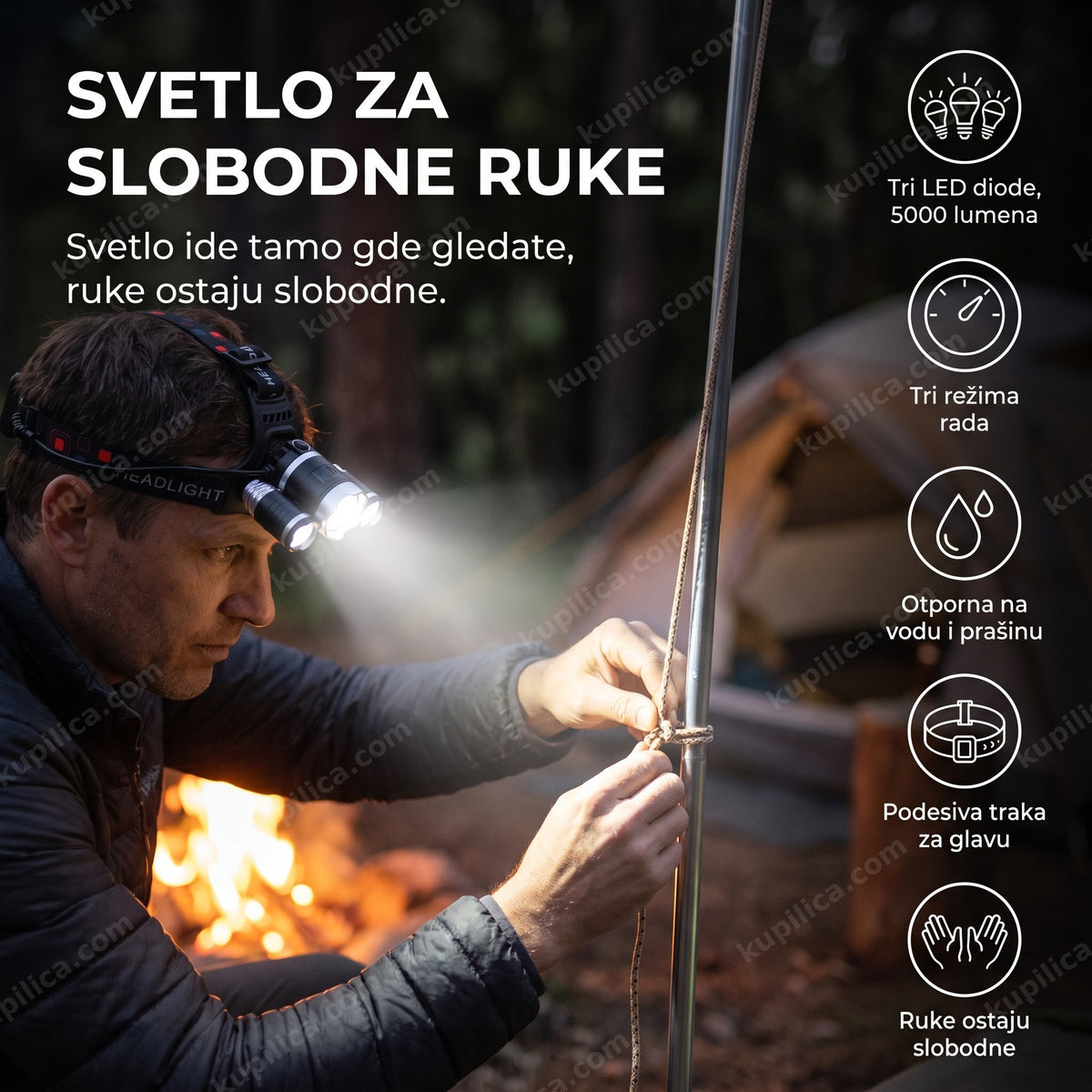 lampa za glavu sa jakim LED svetlom pri podizanju šatora noću sa benefitima proizvoda