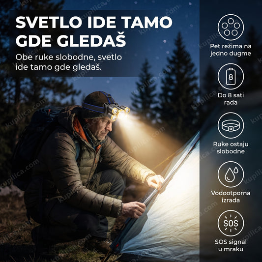 lampa za glavu sa led diodama tokom kampovanja noću, benefiti proizvoda
