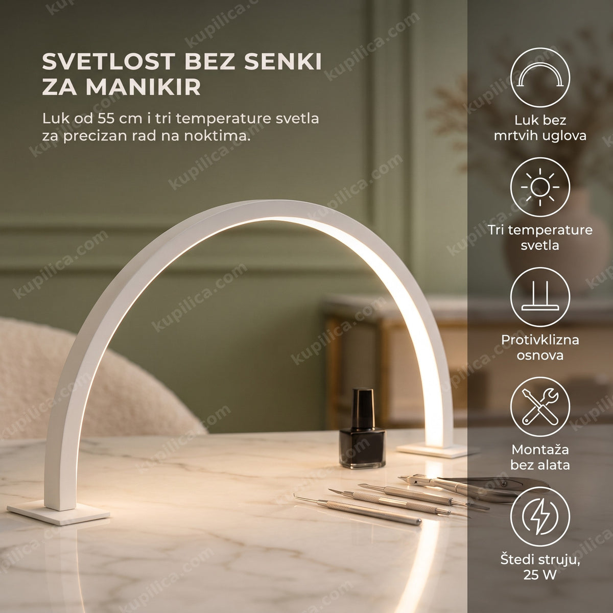 Bela LED half moon lampa za manikir na stolu, prikaz benefita proizvoda