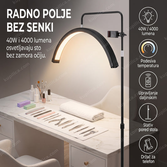 Lampa polumesec za manikir sa stativom iznad praznog stola, benefiti proizvoda