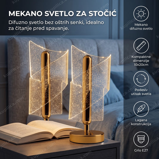 Lampa za noćni stočić sa mekim svetlom pored knjige, prikaz benefita