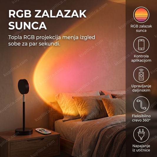 lampa zalazak sunca projektuje topao ton na zidu iznad kreveta u spavaćoj sobi, benefiti proizvoda