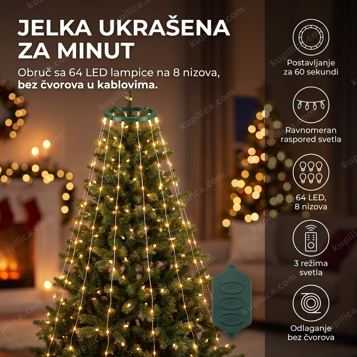 Novogodišnja jelka sa obručem i lampicama na 8 nizova, prikaz benefiti proizvoda