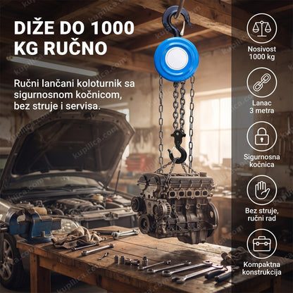 Lančana dizalica od 1 tone drži motor automobila u garaži, benefiti proizvoda