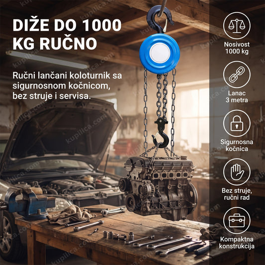 Lančana dizalica od 1 tone drži motor automobila u garaži, benefiti proizvoda