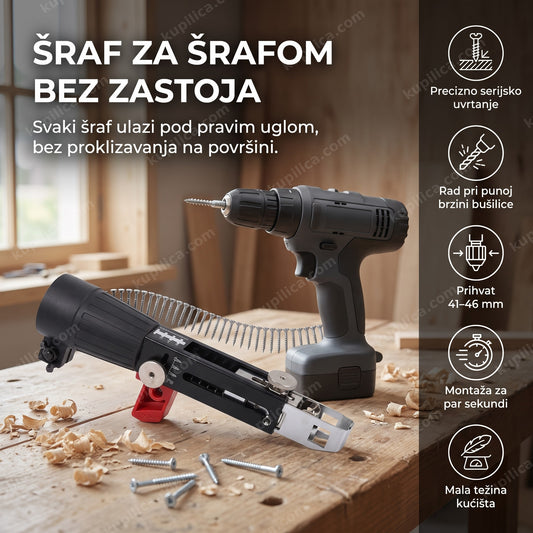 lančani adapter za bušilicu sa nizom šrafova na radnom stolu