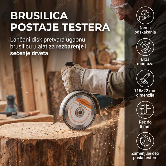 lančani disk za brusilicu za drvo — montiran na ugaonu brusilicu uz zaštitne rukavice, benefiti proizvoda