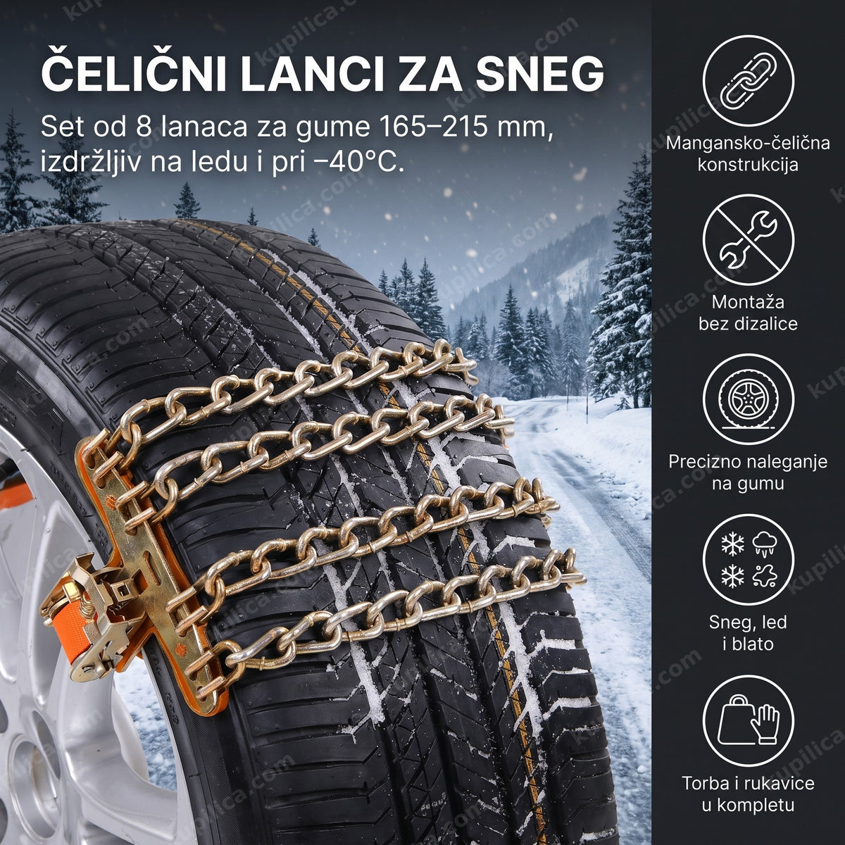 čelični lanci za sneg na gumi automobila na planinskom putu, benefiti proizvoda