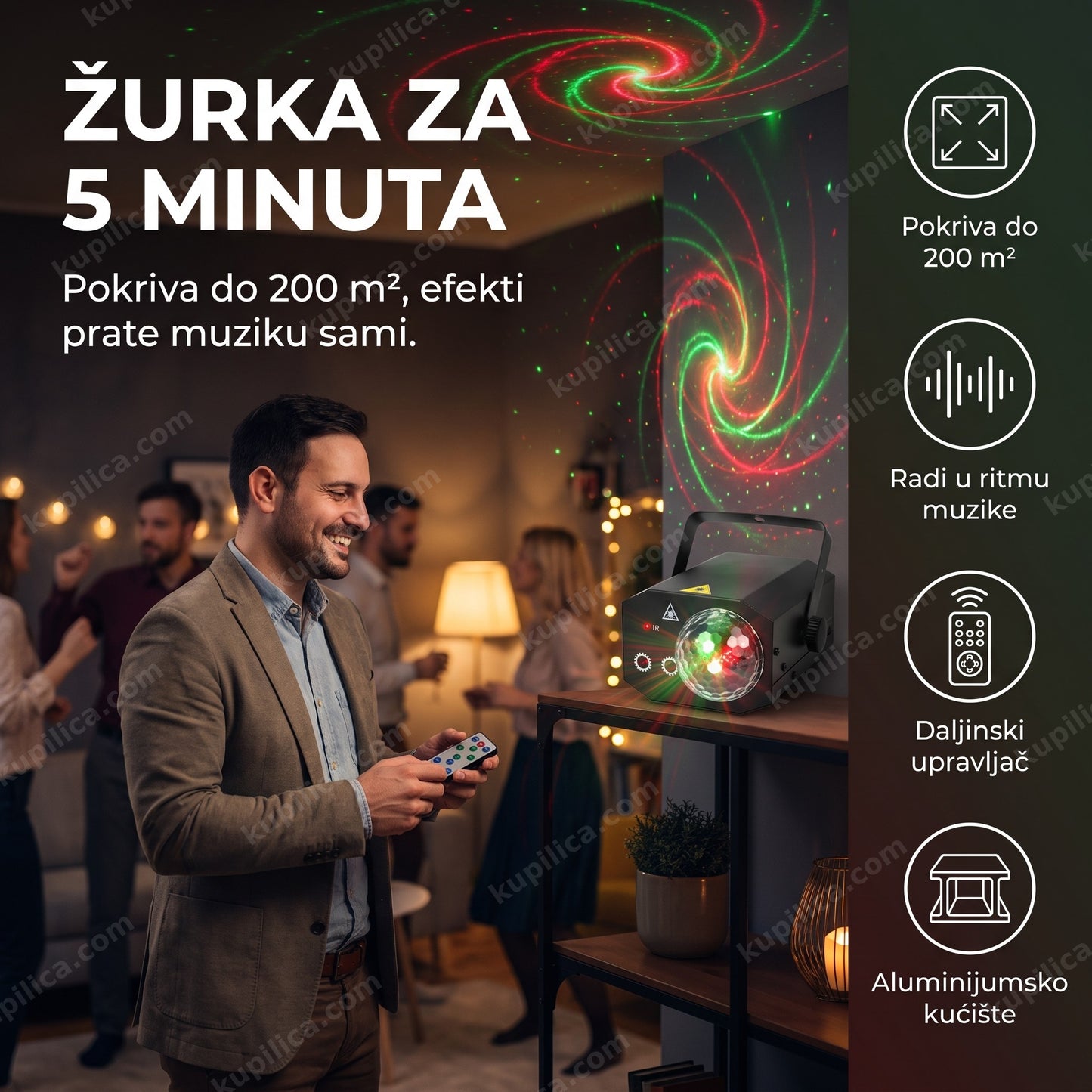 laser projektor za žurke — crveno-zeleni laser osvetljava zid na kućnoj žurki u dnevnoj sobi
