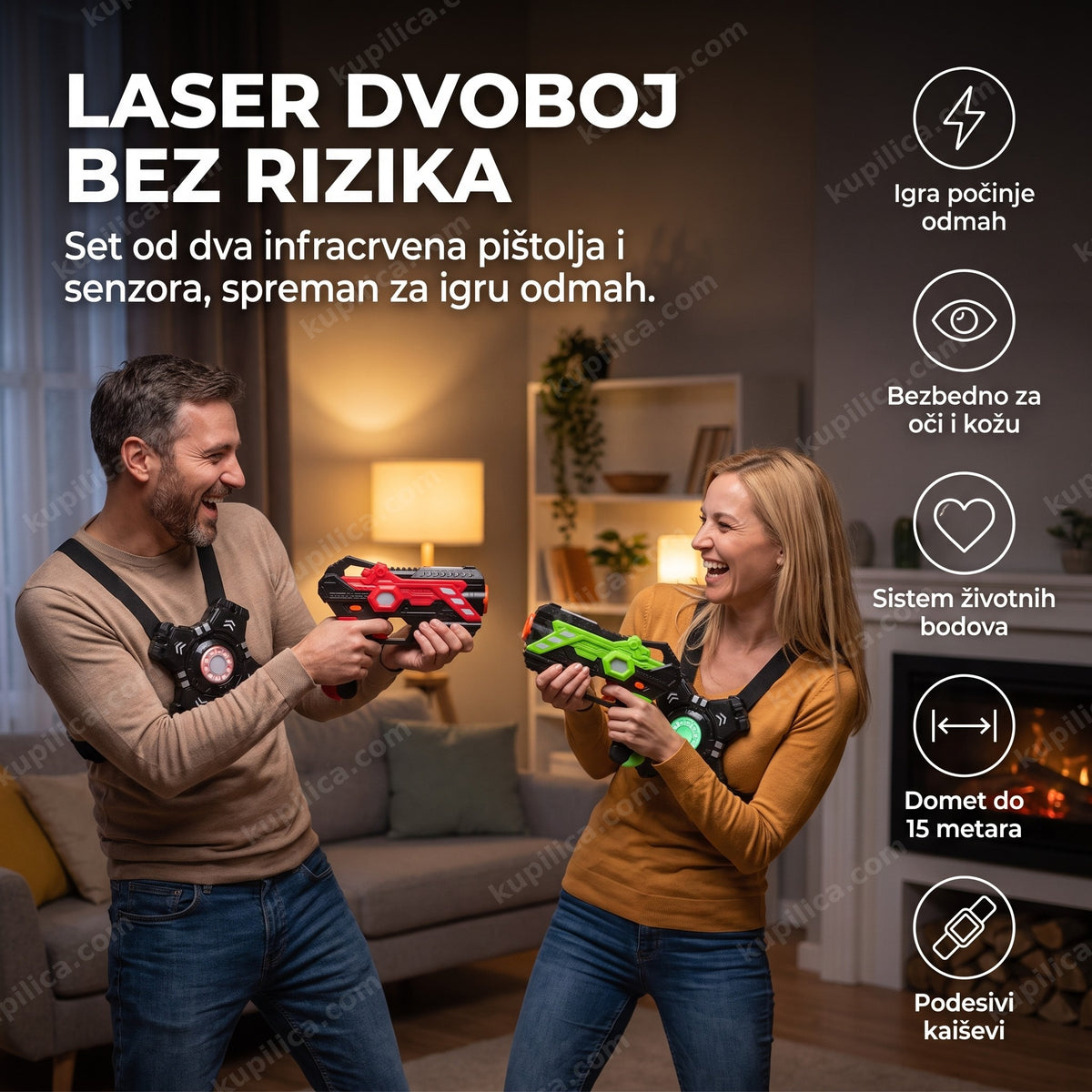 dvoje odraslih igra laser tag sa pištoljima i senzorima u dnevnoj sobi, benefiti proizvoda