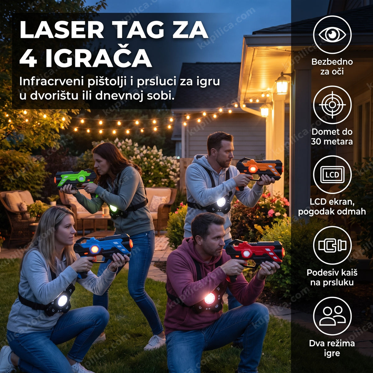 odrasli igraju laser tag set za 4 igrača u dvorištu uveče, benefiti proizvoda
