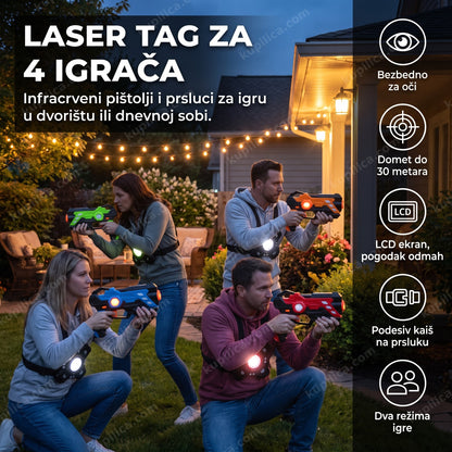 odrasli igraju laser tag set za 4 igrača u dvorištu uveče, benefiti proizvoda