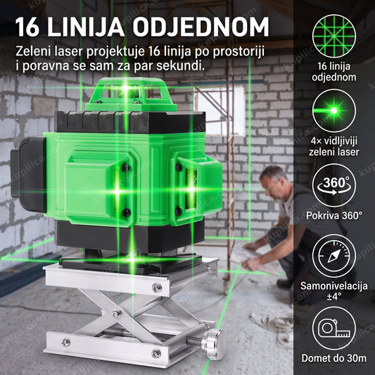 Laser za nivelaciju 4D 16 linija projektuje zelene linije po zidovima u renoviranoj prostoriji, prikazuje benefite proizvoda