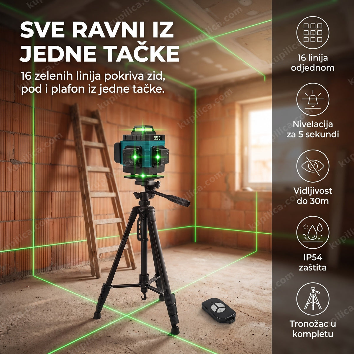laser za nivelaciju sa zelenim linijama na zidu tokom renoviranja i benefiti proizvoda