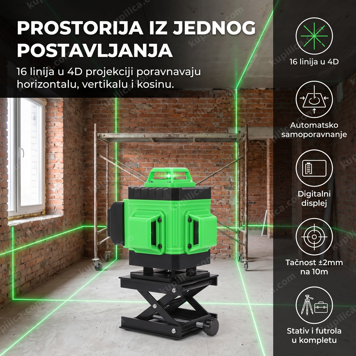 Zeleni laser za nivelaciju projektuje ukrštene linije po zidu u renoviranoj sobi, benefiti proizvoda