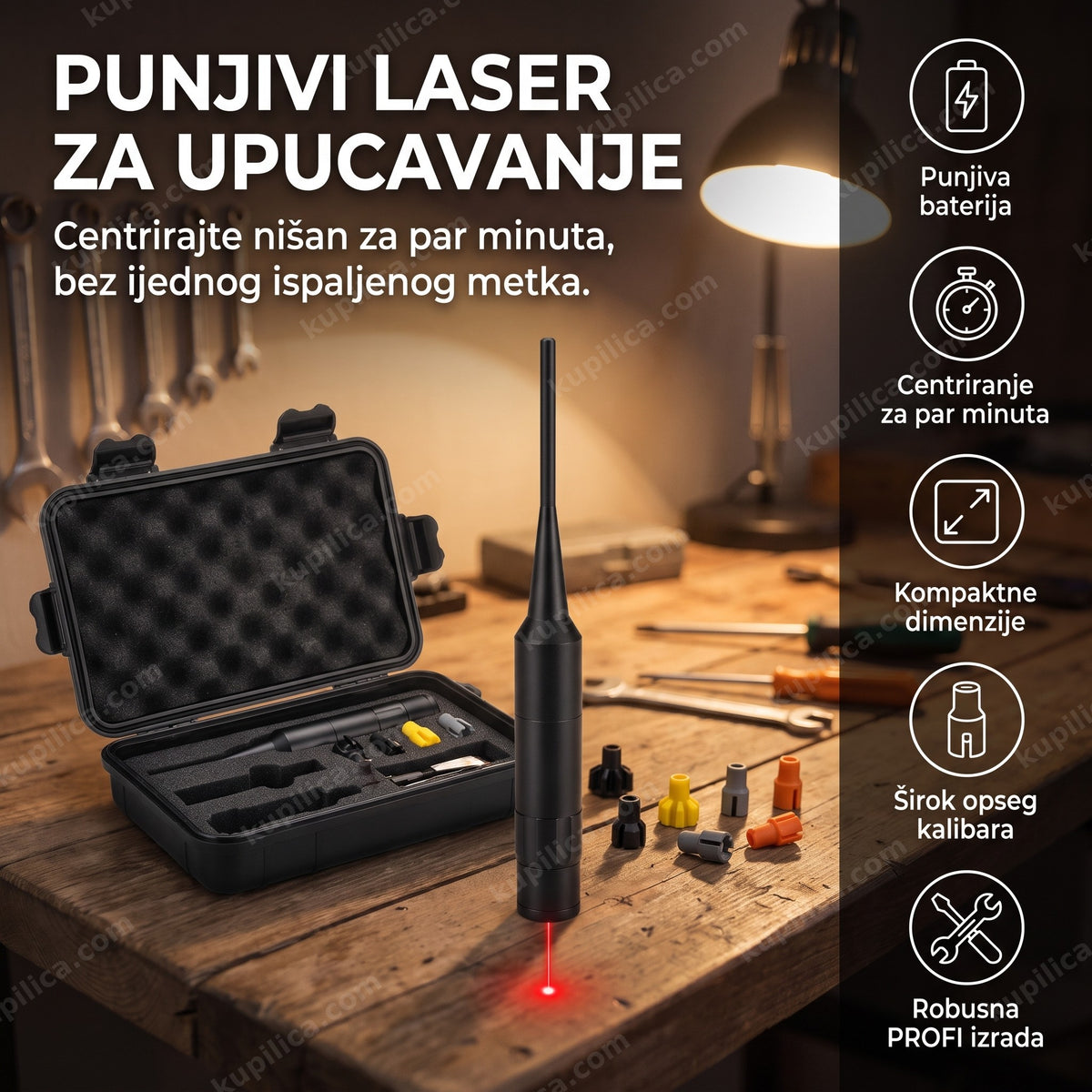 Punjivi laser za upucavanje optike sa koferčićem i kalibarskim adapterima na stolu