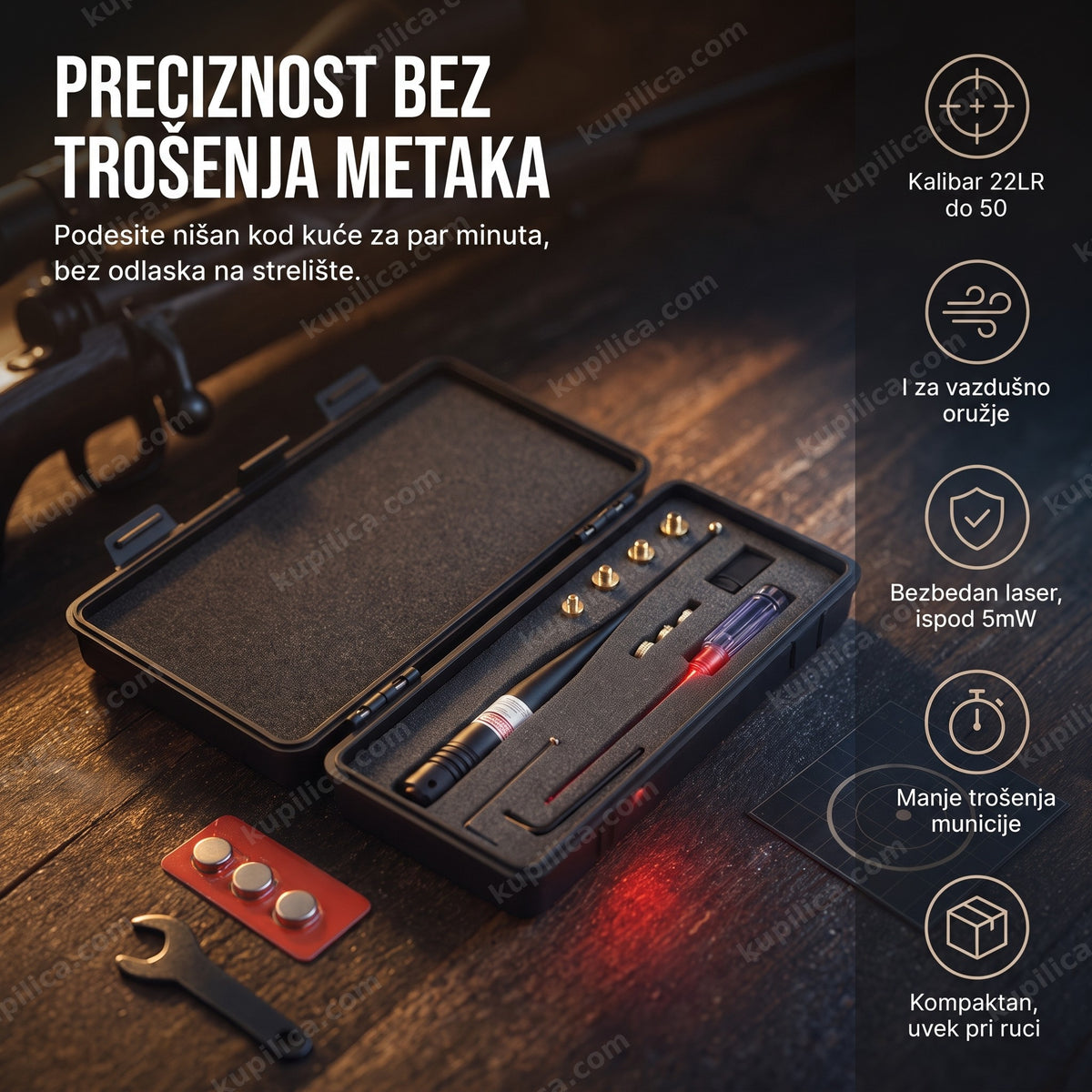 laser za upucavanje optike i nišana — otvoren kofer sa uređajem, adapterima i priborom