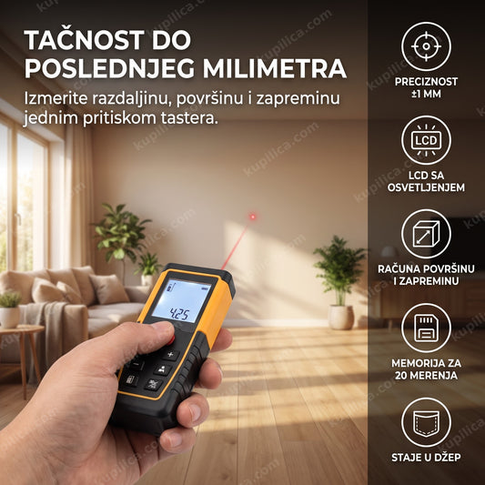 laserski daljinomer meri razdaljinu u dnevnoj sobi crvenom laserskom tačkom, benefiti proizvoda