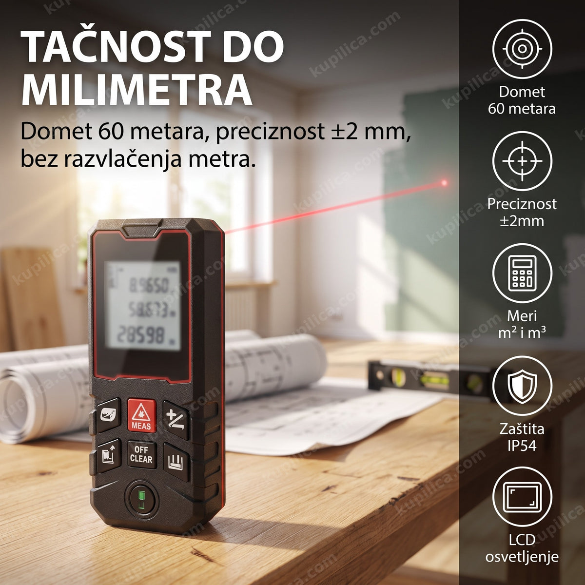laserski metar 60m — uređaj sa crvenim MEAS dugmetom na radnom stolu