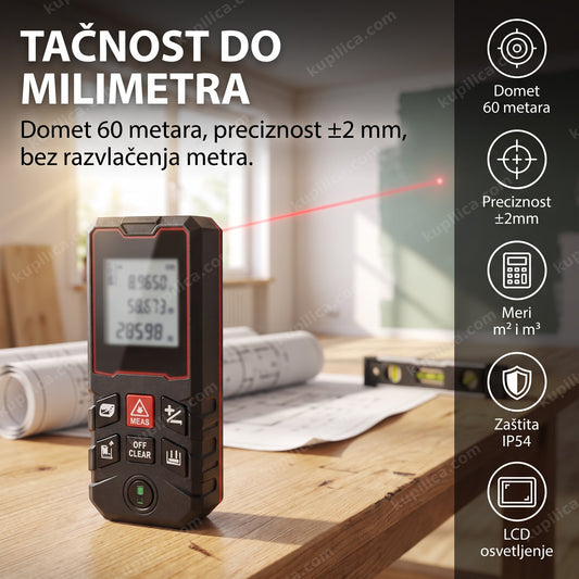 laserski metar 60m — uređaj sa crvenim MEAS dugmetom na radnom stolu